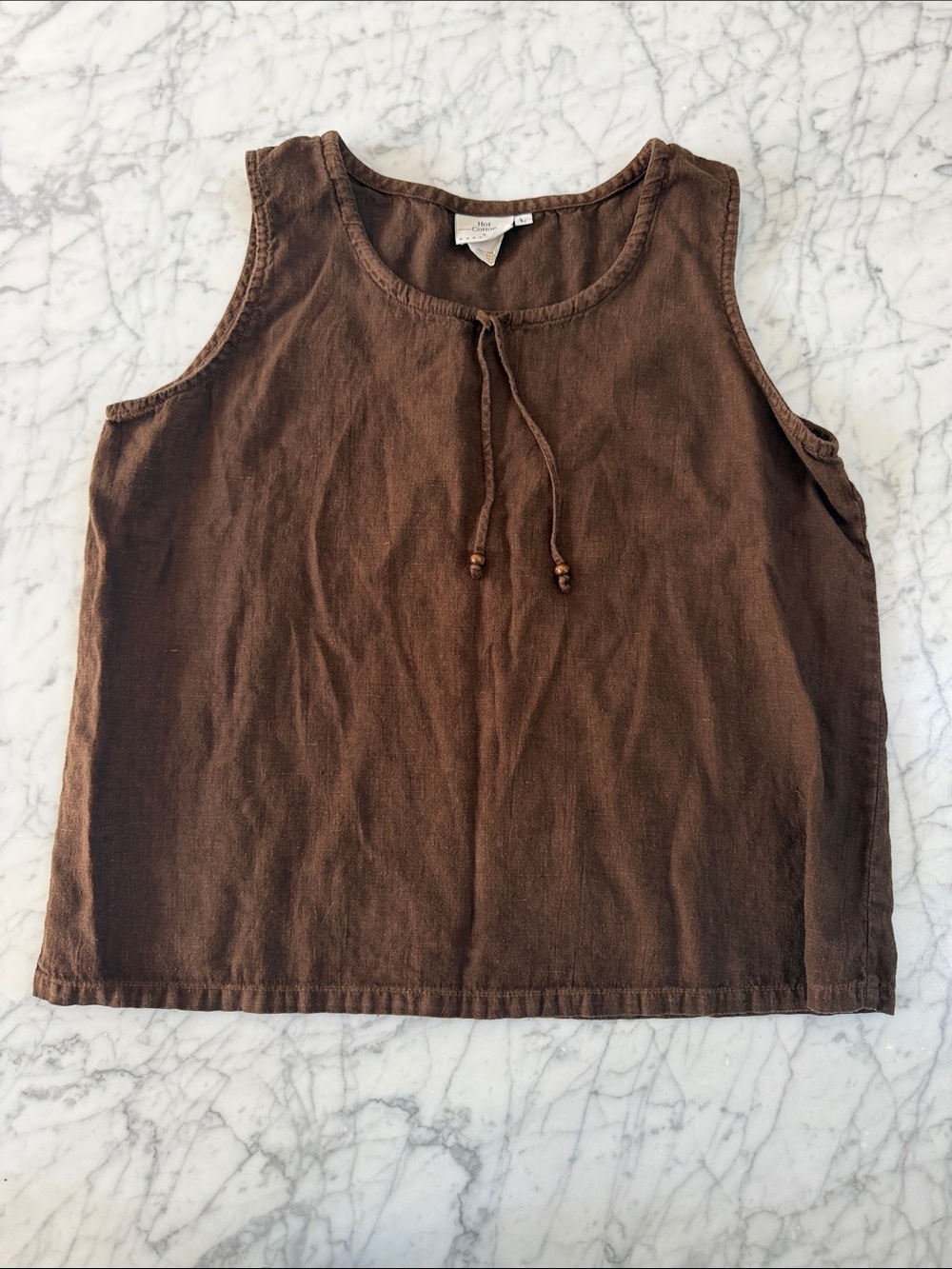 Hot Cotton Brown 100% Linen Top Sz L Women’s Beaded Tassel
